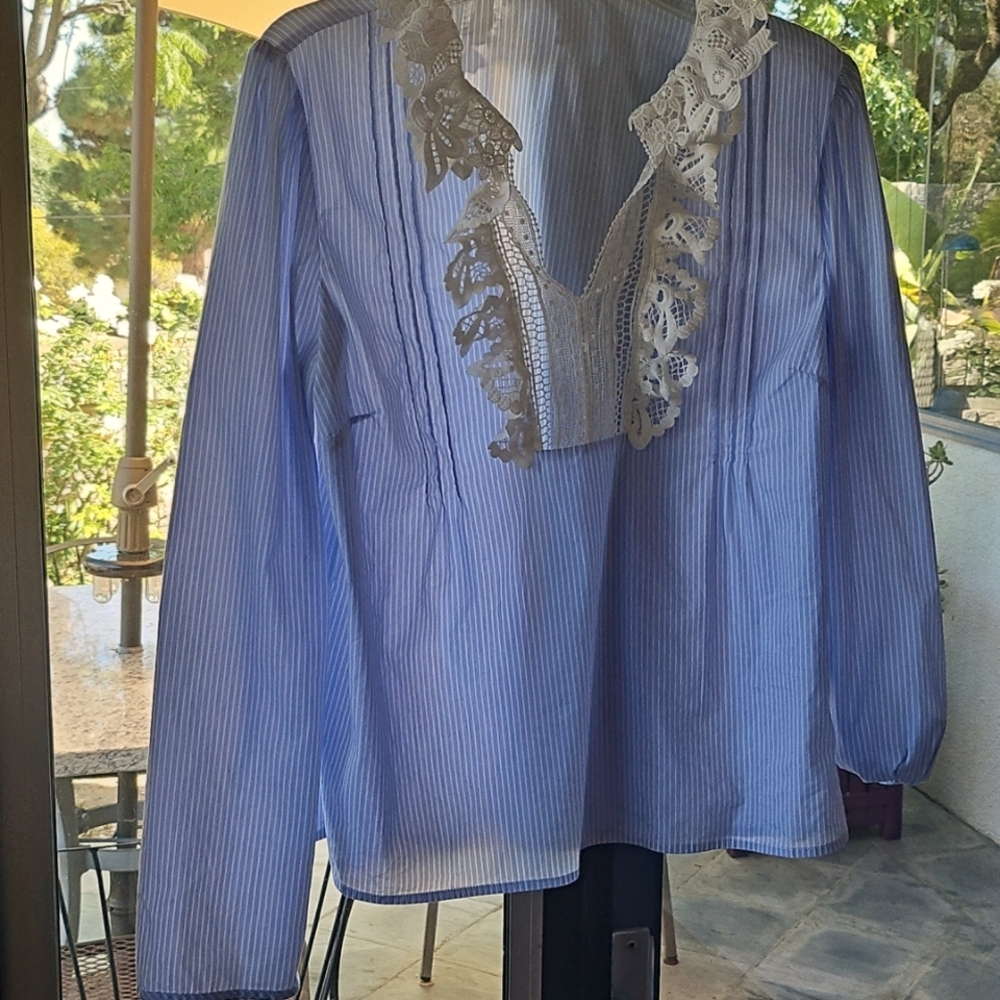 Zara Striped Blue Blouse with Lace Detail